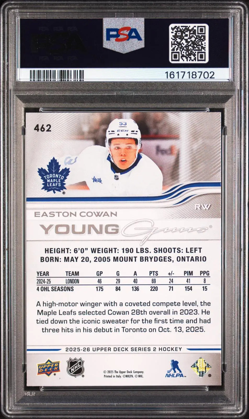 2025-26 Upper Deck Series 2 Hockey Rookie Young Guns Easton Cowan RC PSA 9 
