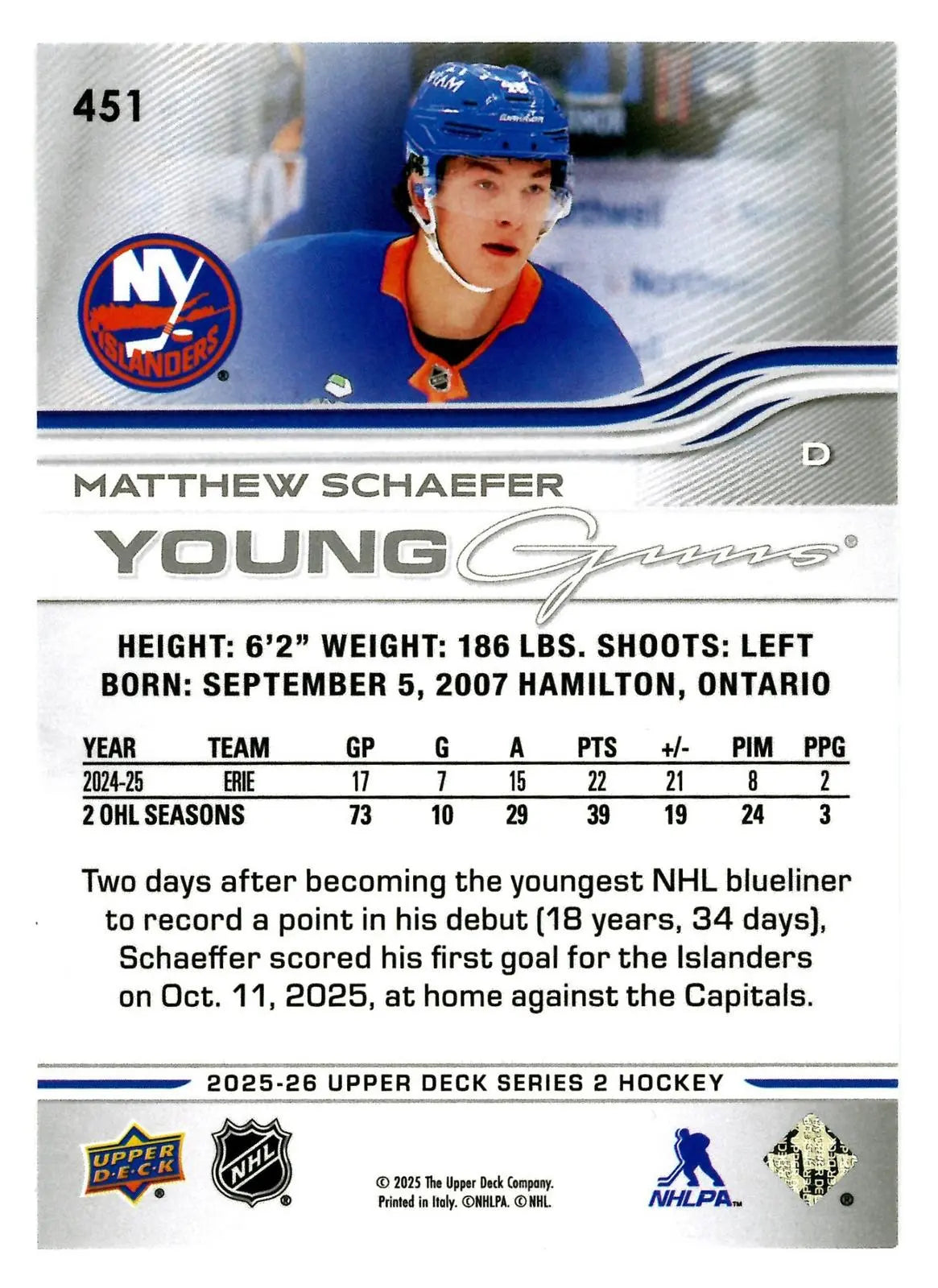 2025-26 Upper Deck Series 2 Hockey Rookie Young Guns Matthew Schaefer RC 