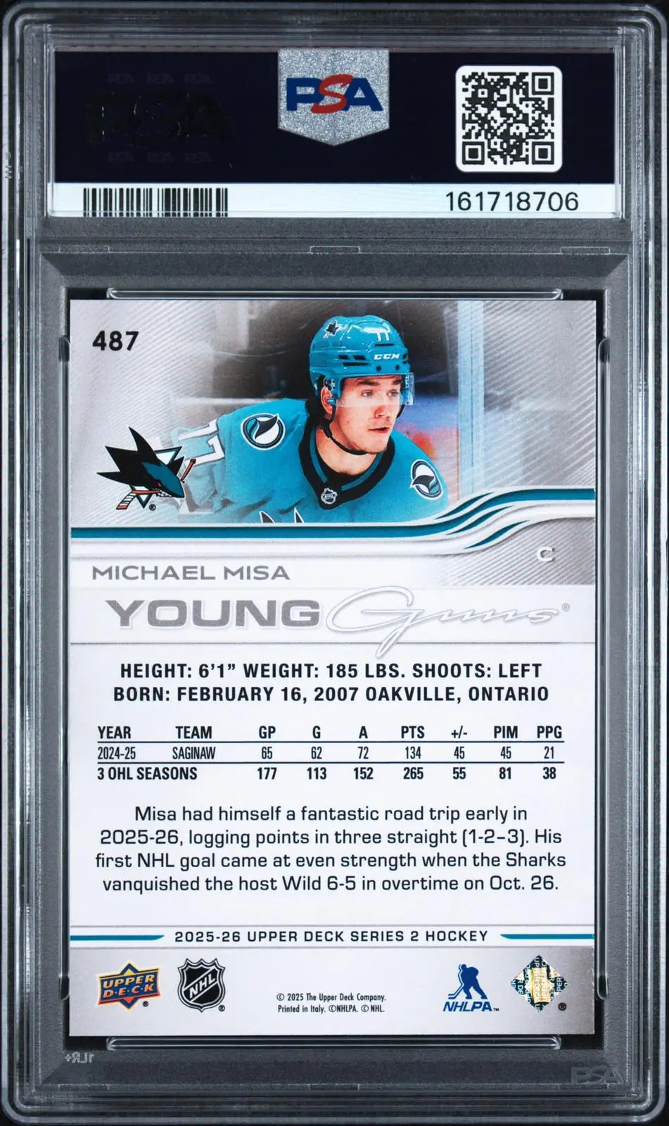 2025-26 Upper Deck Series 2 Hockey Rookie Young Guns Michael Misa RC PSA 10 