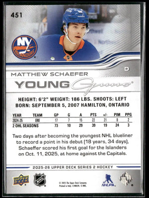 2025-26 Upper Deck Series 2 Hockey Young Guns Rookie Matthew Schaefer 