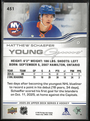 2025-26 Upper Deck Series 2 Hockey Young Guns Rookie Matthew Schaefer 