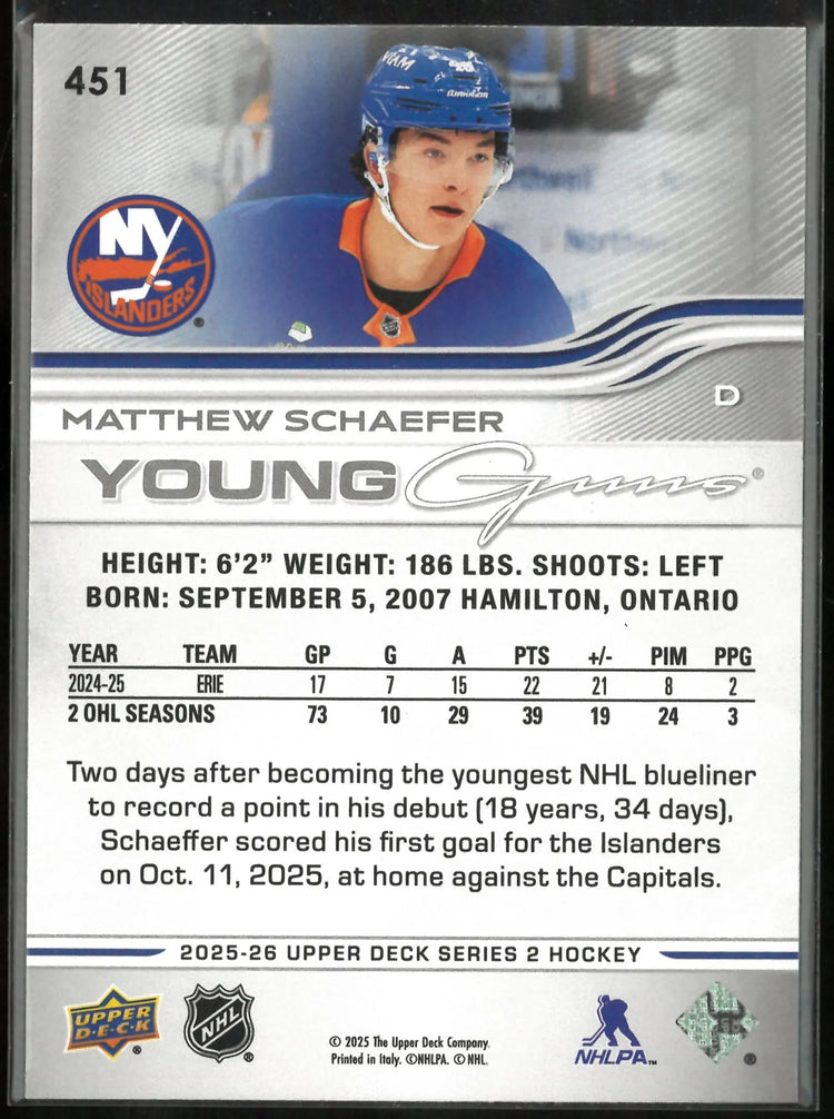 2025-26 Upper Deck Series 2 Hockey Young Guns Rookie Matthew Schaefer 