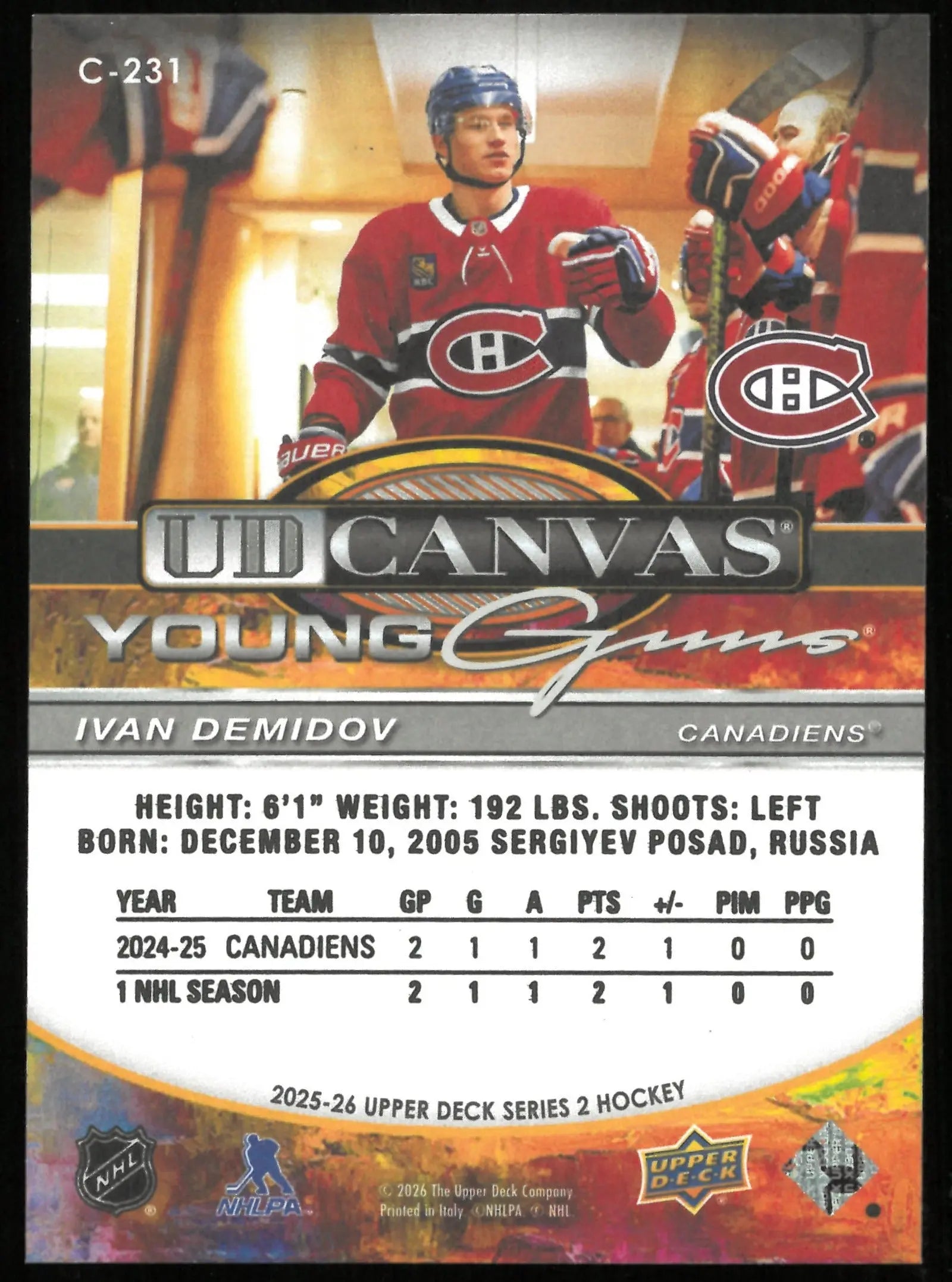 2025-26 Upper Deck Series 2 Ivan Demidov UD Canvas Young Guns RC 