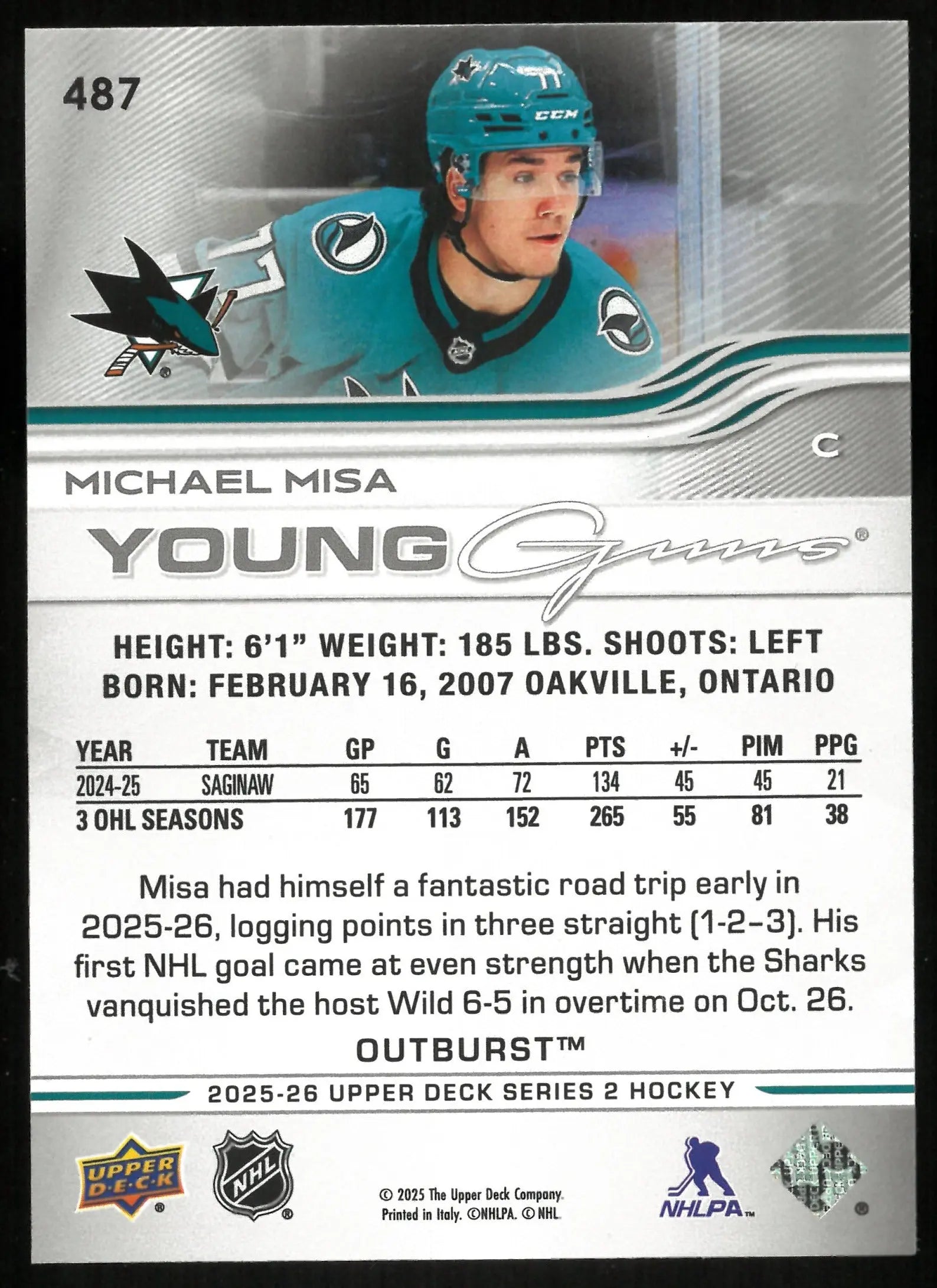 2025-26 Upper Deck Series 2 Michael Misa Young Guns RC Outburst 
