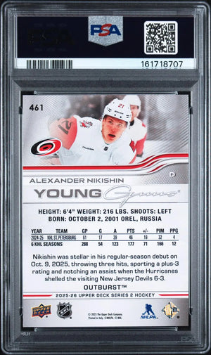 2025-26 Upper Deck Series 2 Rookie Young Guns Alexander Nikishin Outburst PSA 10 