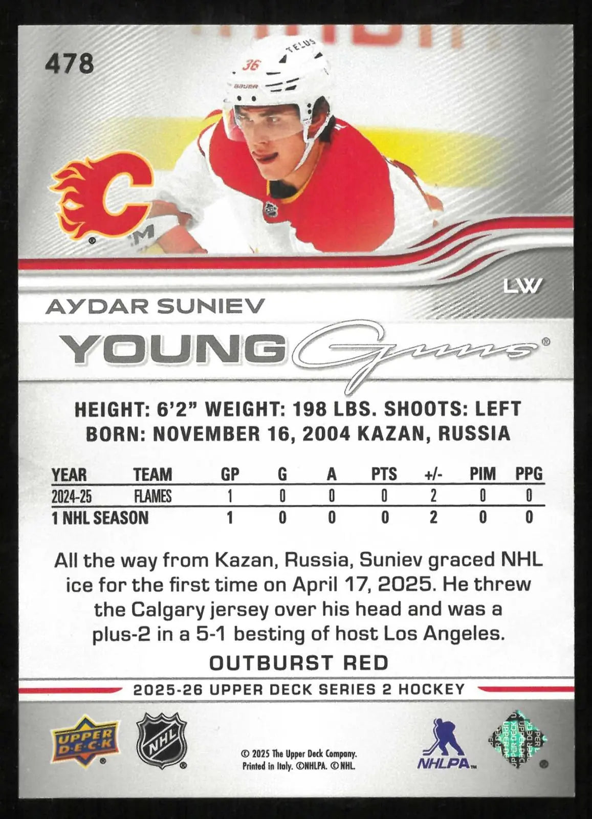 2025-26 Upper Deck Series 2 Rookie Young Guns Aydar Suniev Outburst Red RC 