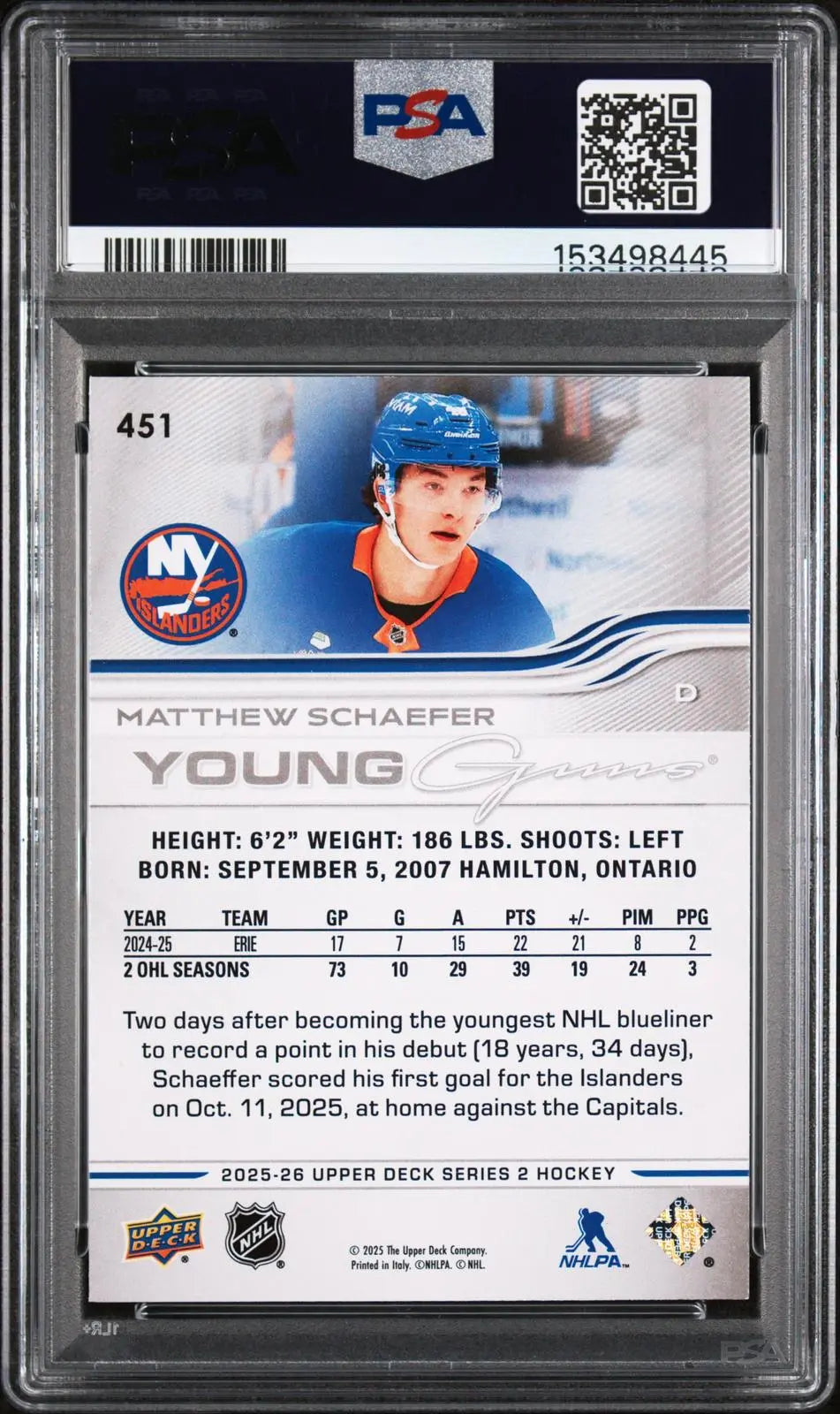 2025-26 Upper Deck Series 2 Rookie Young Guns Matthew Schaefer RC PSA 10 