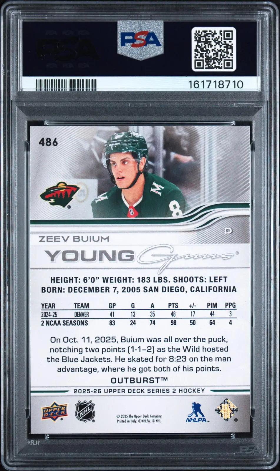 2025-26 Upper Deck Series 2 Rookie Young Guns Zeev Buium Outburst RC PSA 10 