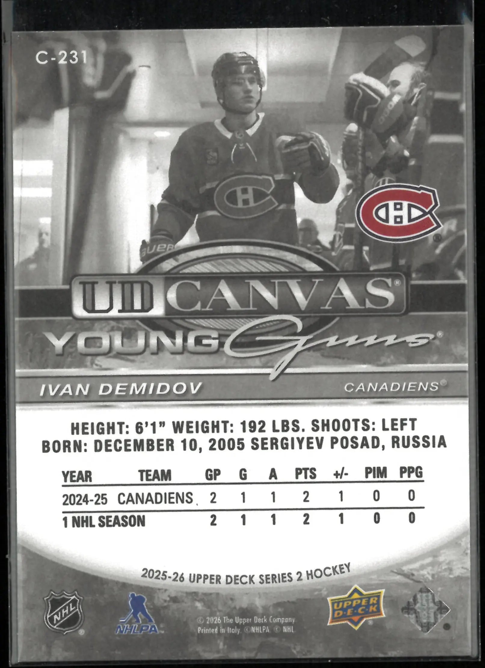 2025-26 Upper Deck Series 2 UD Canvas Young Guns Ivan Demidov Black & White 
