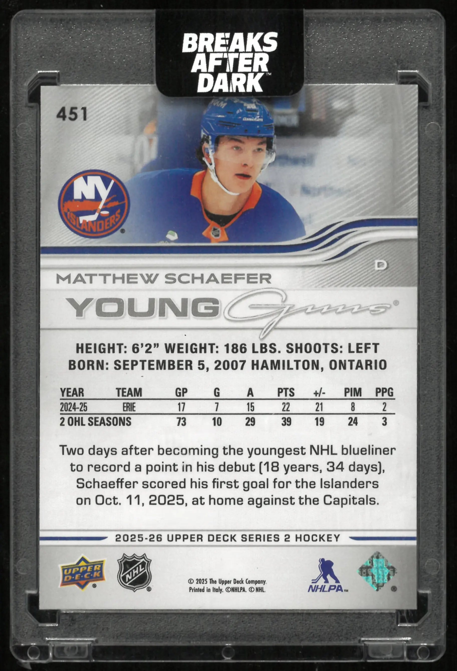 2025-26 Upper Deck Series 2 Young Guns Matthew Schaefer RC Rookie 
