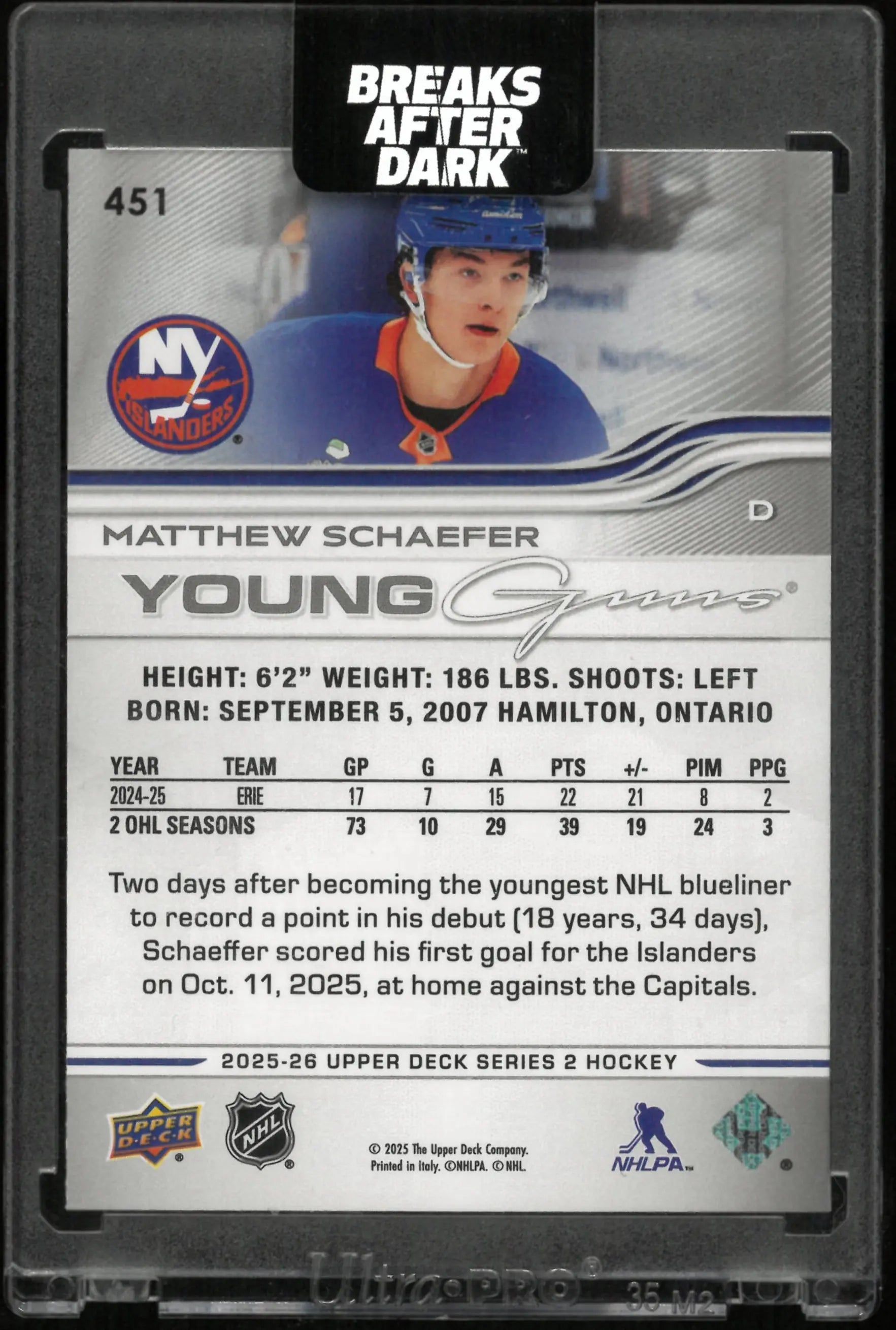 2025-26 Upper Deck Series 2 Young Guns Matthew Schaefer RC Rookie 