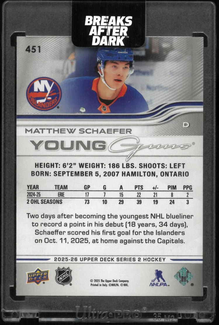 2025-26 Upper Deck Series 2 Young Guns Matthew Schaefer RC Rookie 