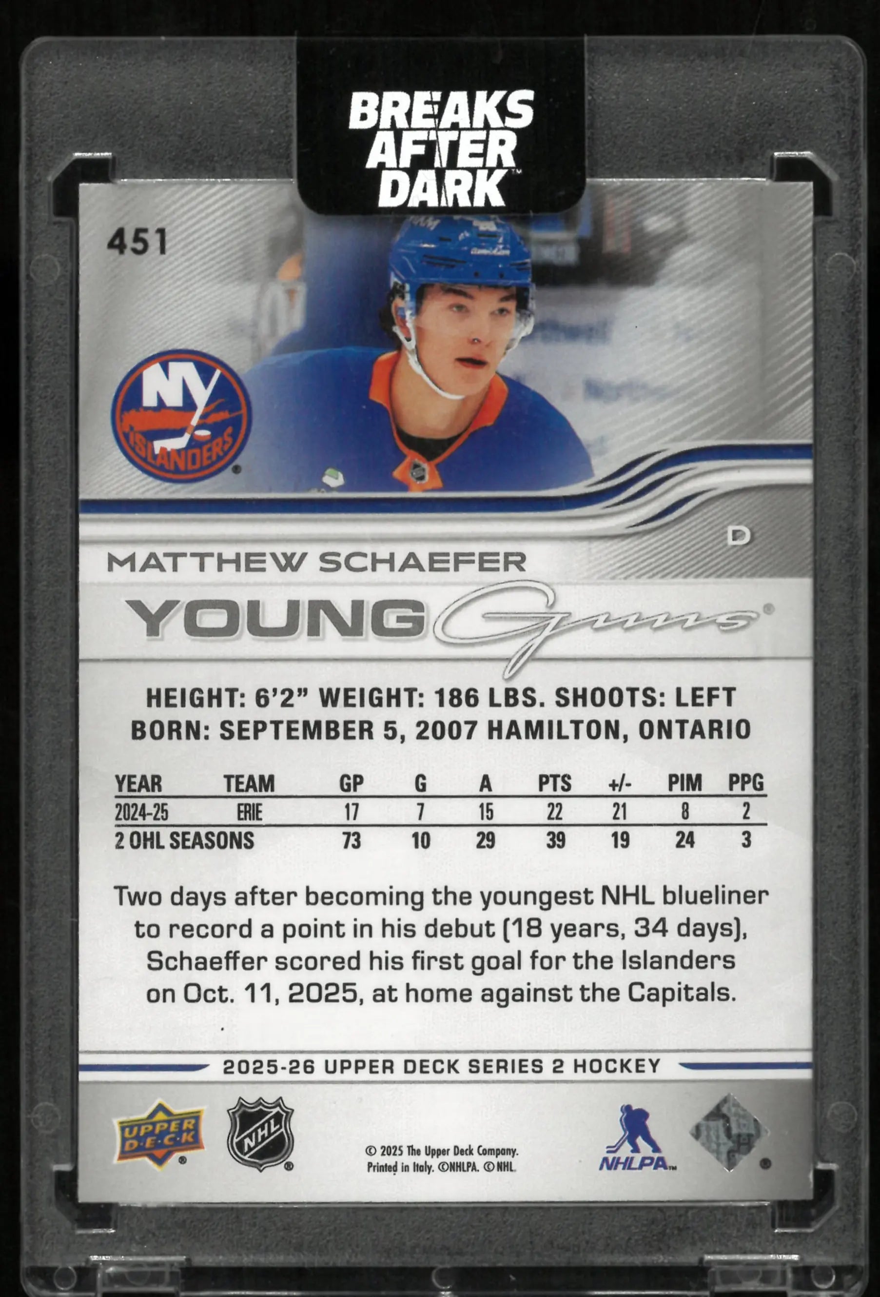 2025-26 Upper Deck Series 2 Young Guns Matthew Schaefer RC Rookie 