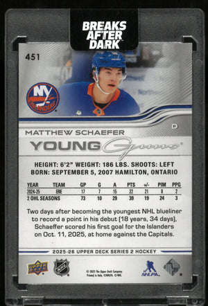 2025-26 Upper Deck Series 2 Young Guns Matthew Schaefer RC Rookie 
