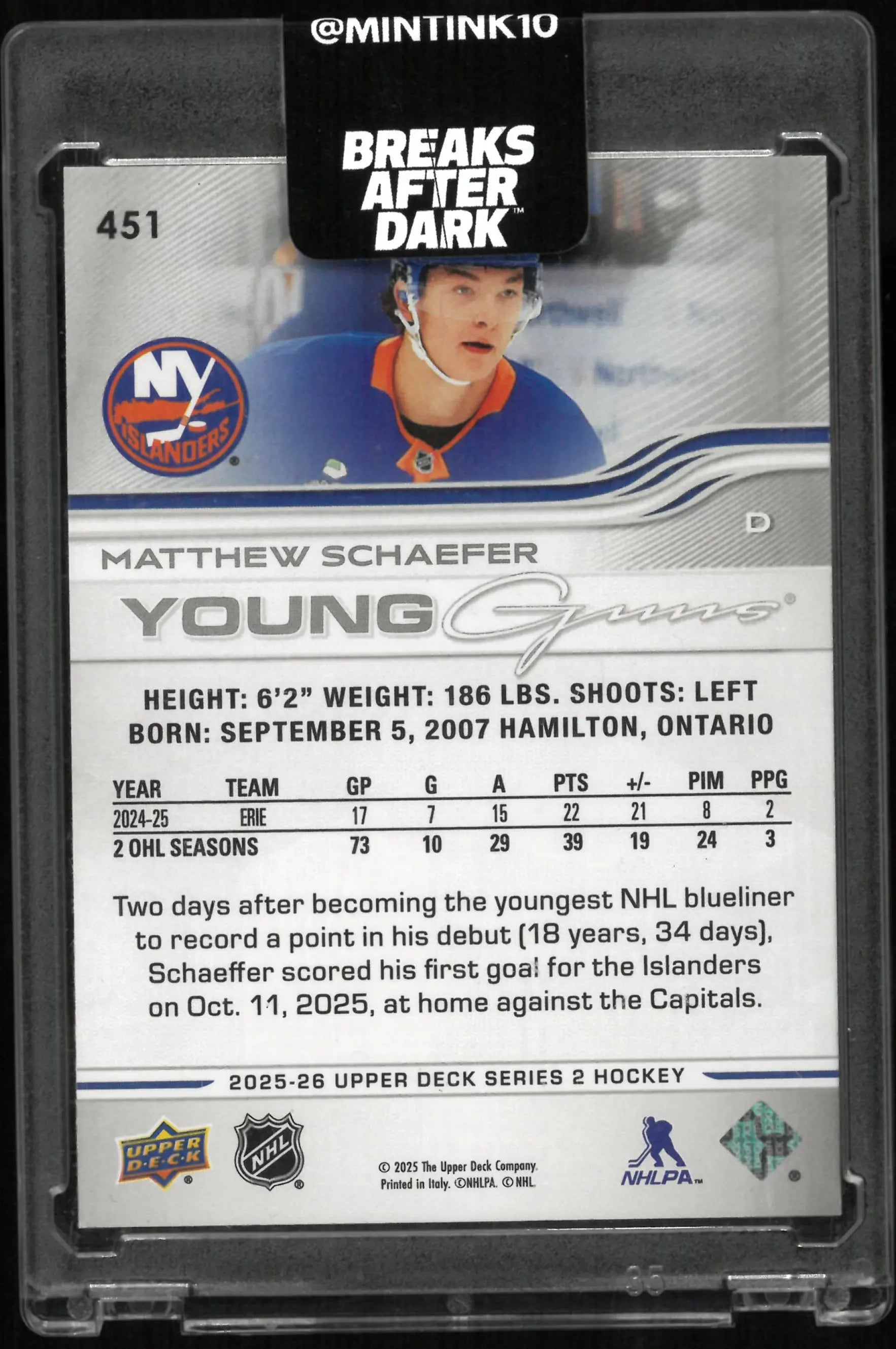 2025-26 Upper Deck Series 2 Young Guns Matthew Schaefer RC Rookie 