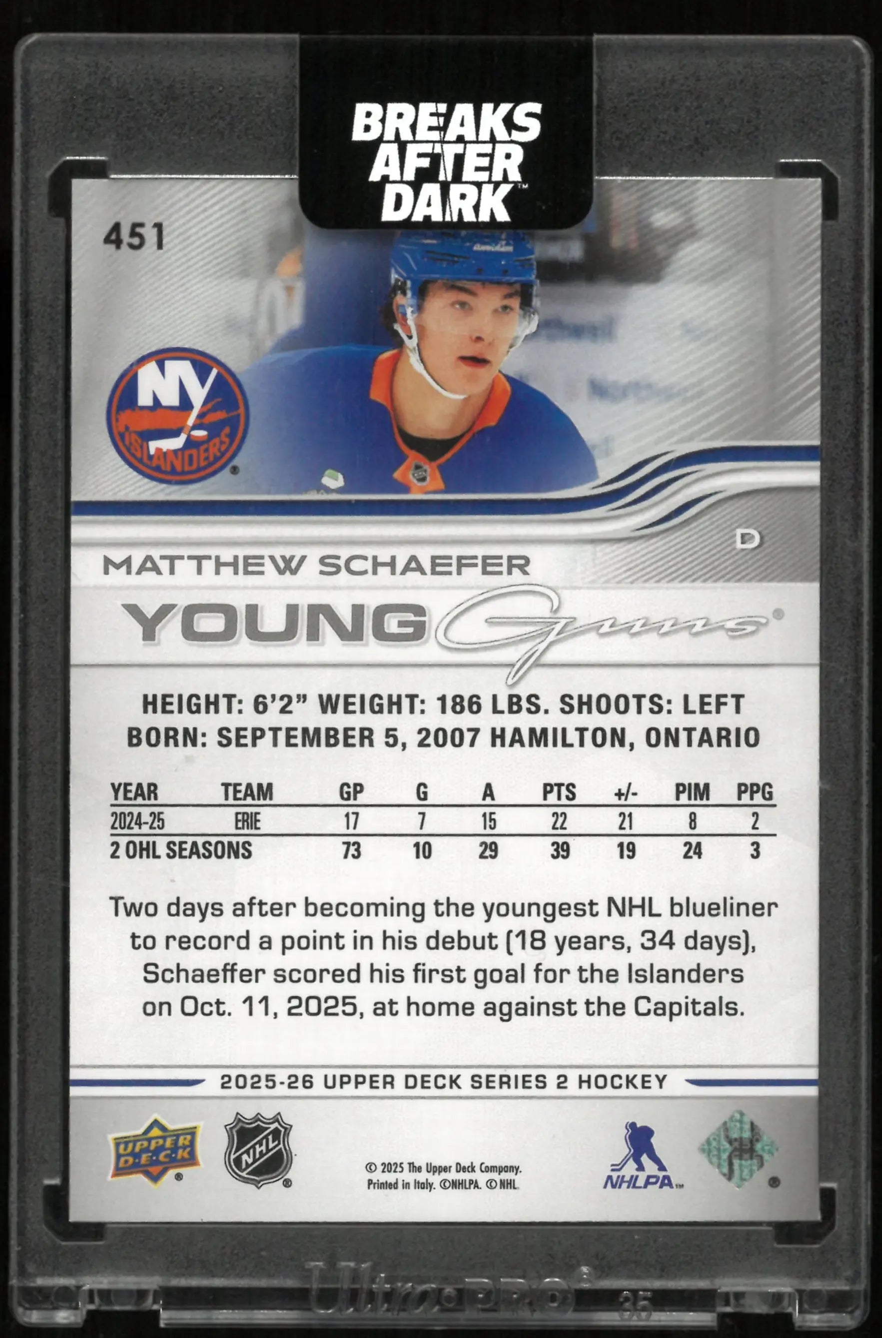2025-26 Upper Deck Series 2 Young Guns Matthew Schaefer RC Rookie 