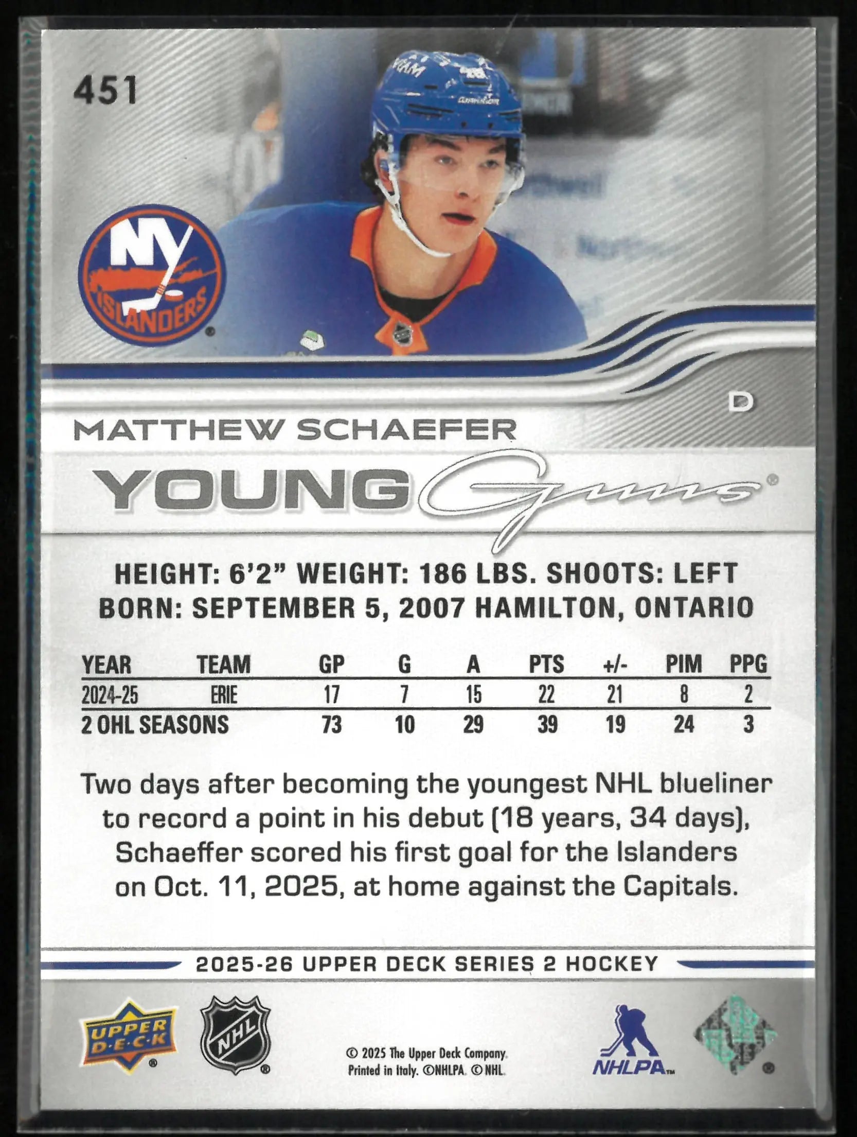 2025-26 Upper Deck Series 2 Young Guns Matthew Schaefer Rookie RC 