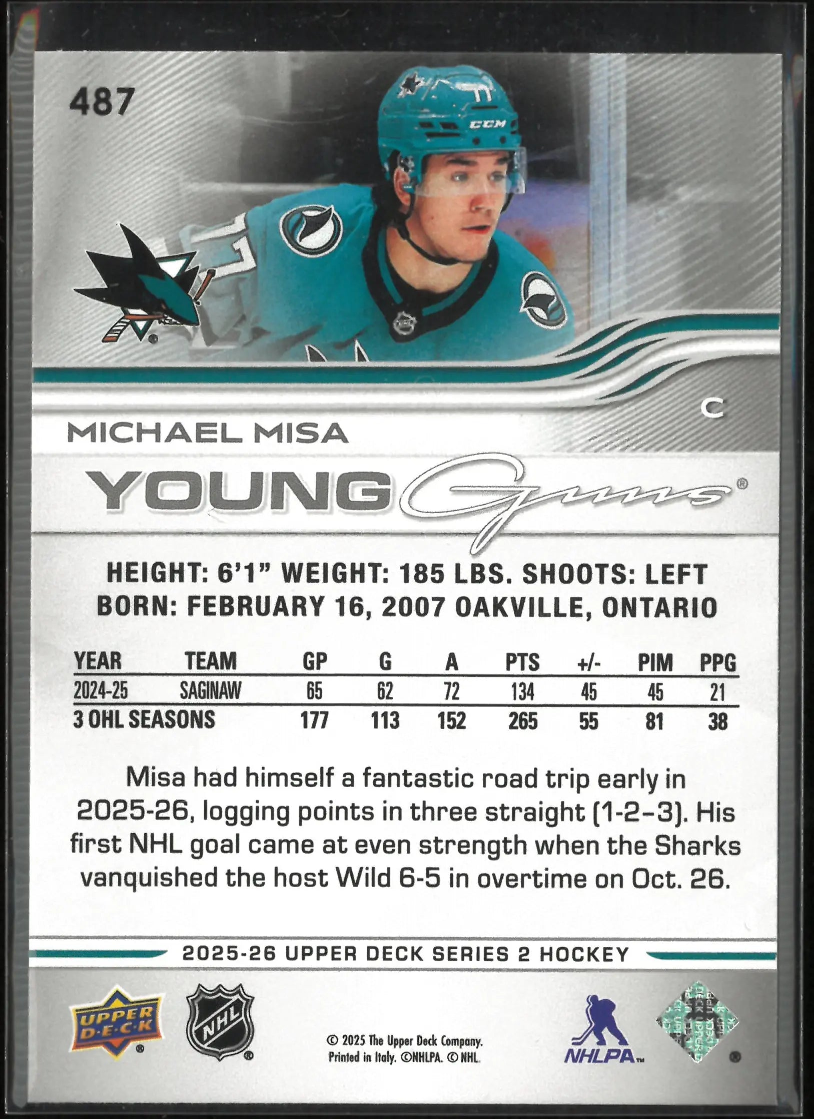 2025-26 Upper Deck Series 2 Young Guns Michael Misa Rookie RC 