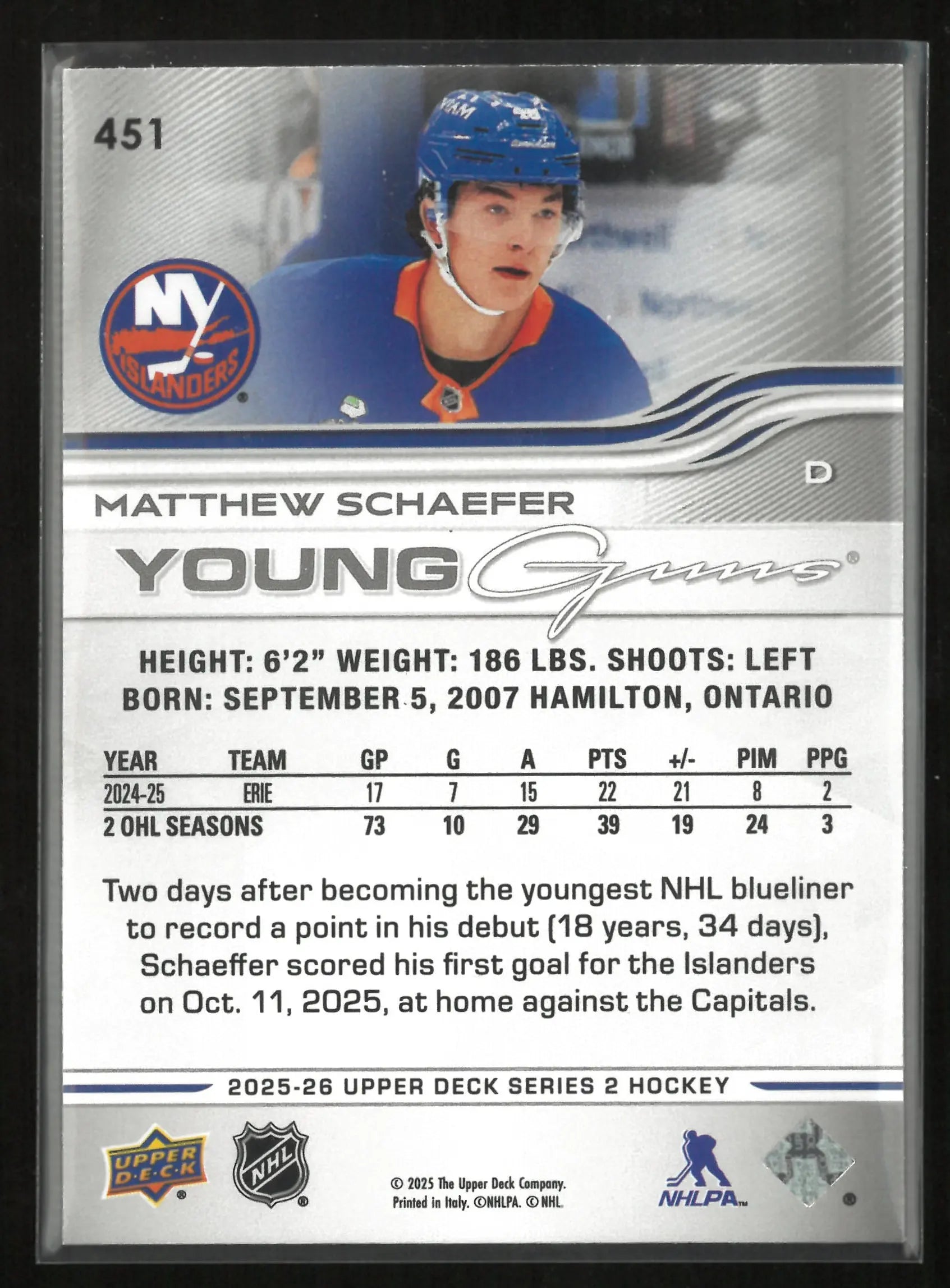 2025-26 Upper Deck Series 2 Young Guns RC Matthew Schaefer Rookie 