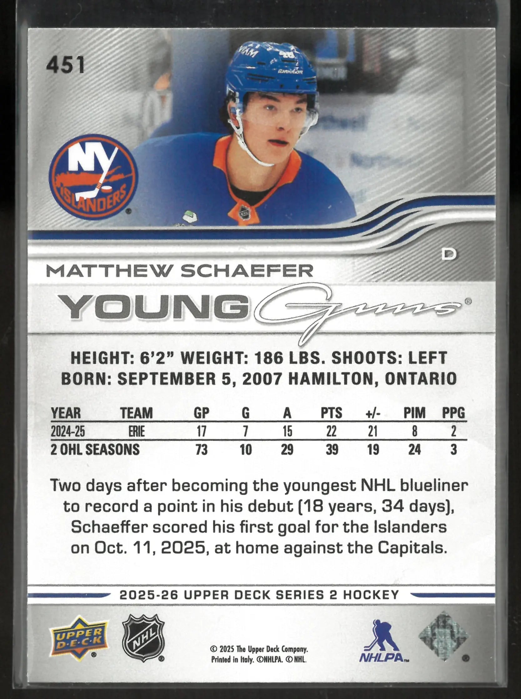 2025-26 Upper Deck Series 2 Young Guns RC Matthew Schaefer Rookie 
