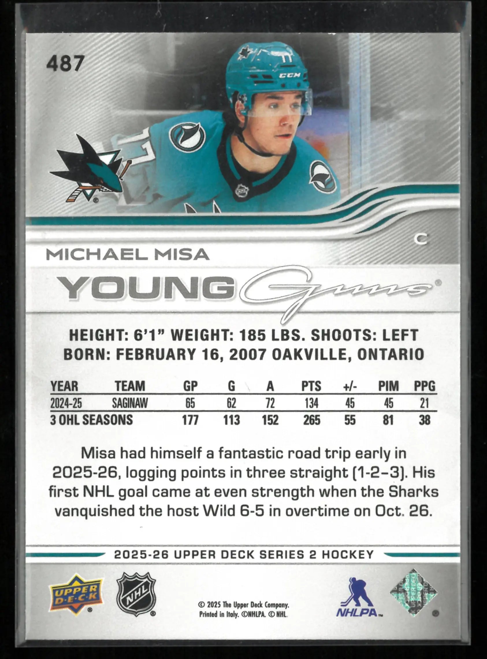 2025-26 Upper Deck Series 2 Young Guns RC Michael Misa Rookie 
