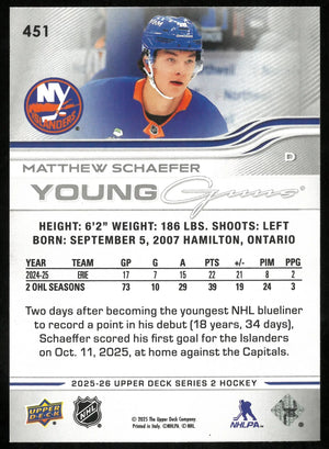 2025-26 Upper Deck Series 2 Young Guns Rookie Matthew Schaefer 