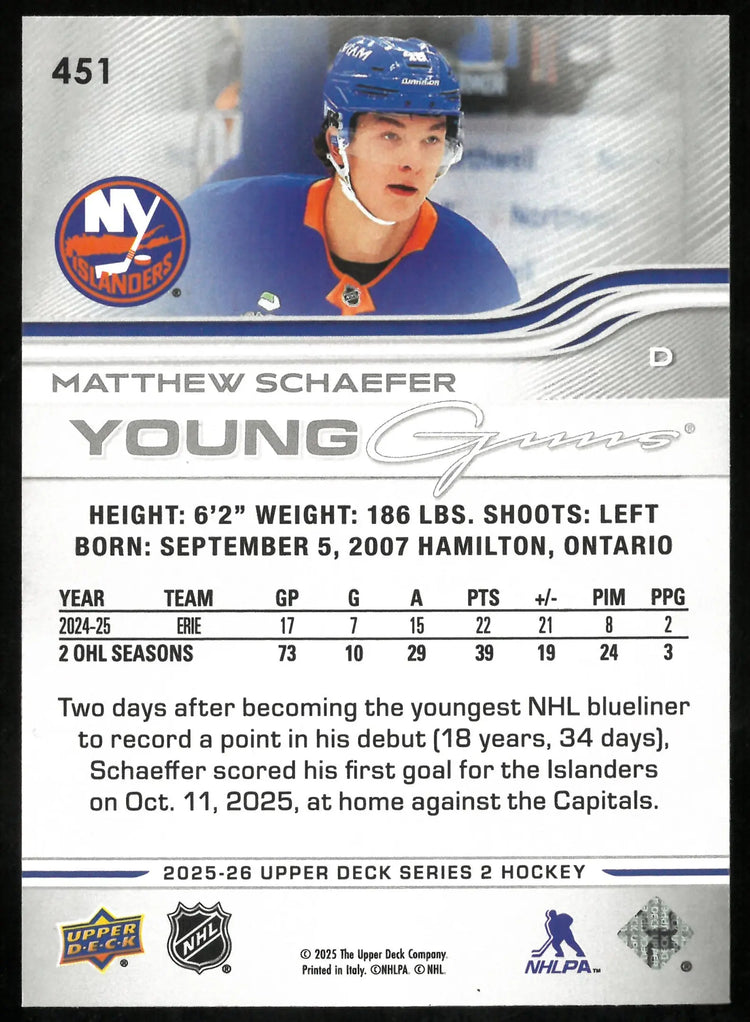 2025-26 Upper Deck Series 2 Young Guns Rookie Matthew Schaefer 