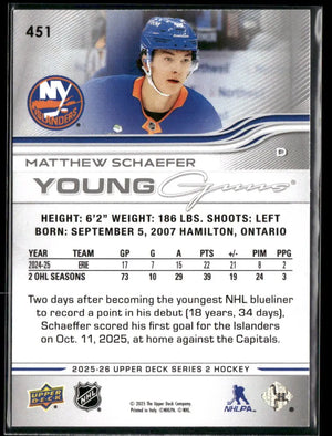 2025-26 Upper Deck Series 2 Young Guns Rookie Matthew Schaefer 