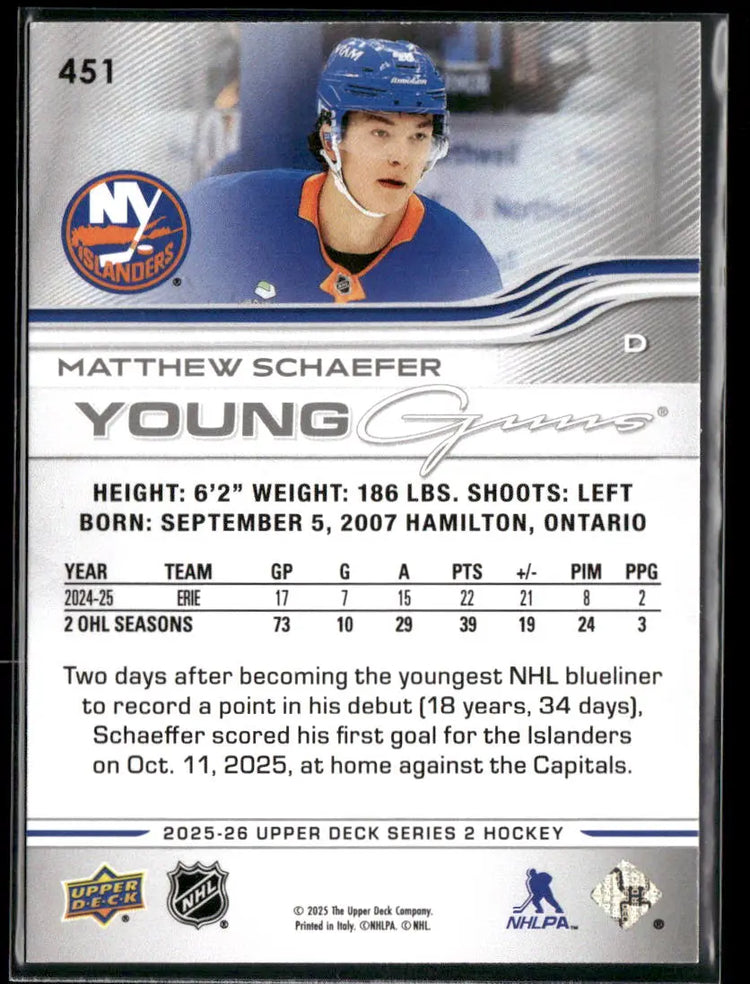2025-26 Upper Deck Series 2 Young Guns Rookie Matthew Schaefer 
