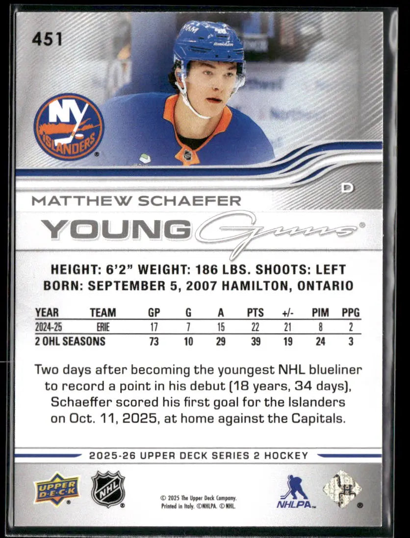 2025-26 Upper Deck Series 2 Young Guns Rookie Matthew Schaefer 
