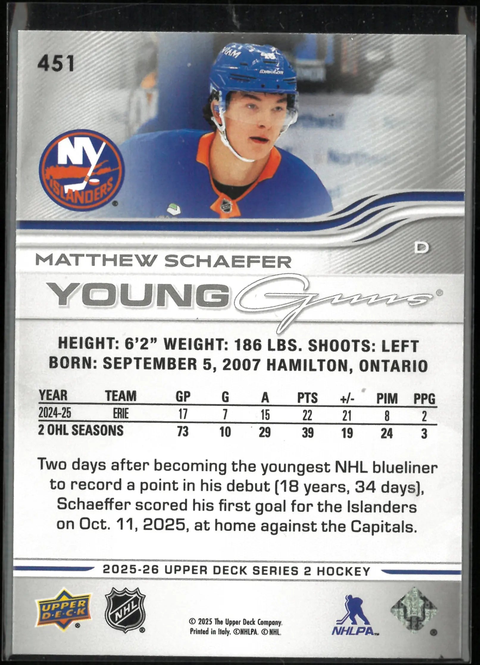 2025-26 Upper Deck Series 2 Young Guns Rookie Matthew Schaefer RC 