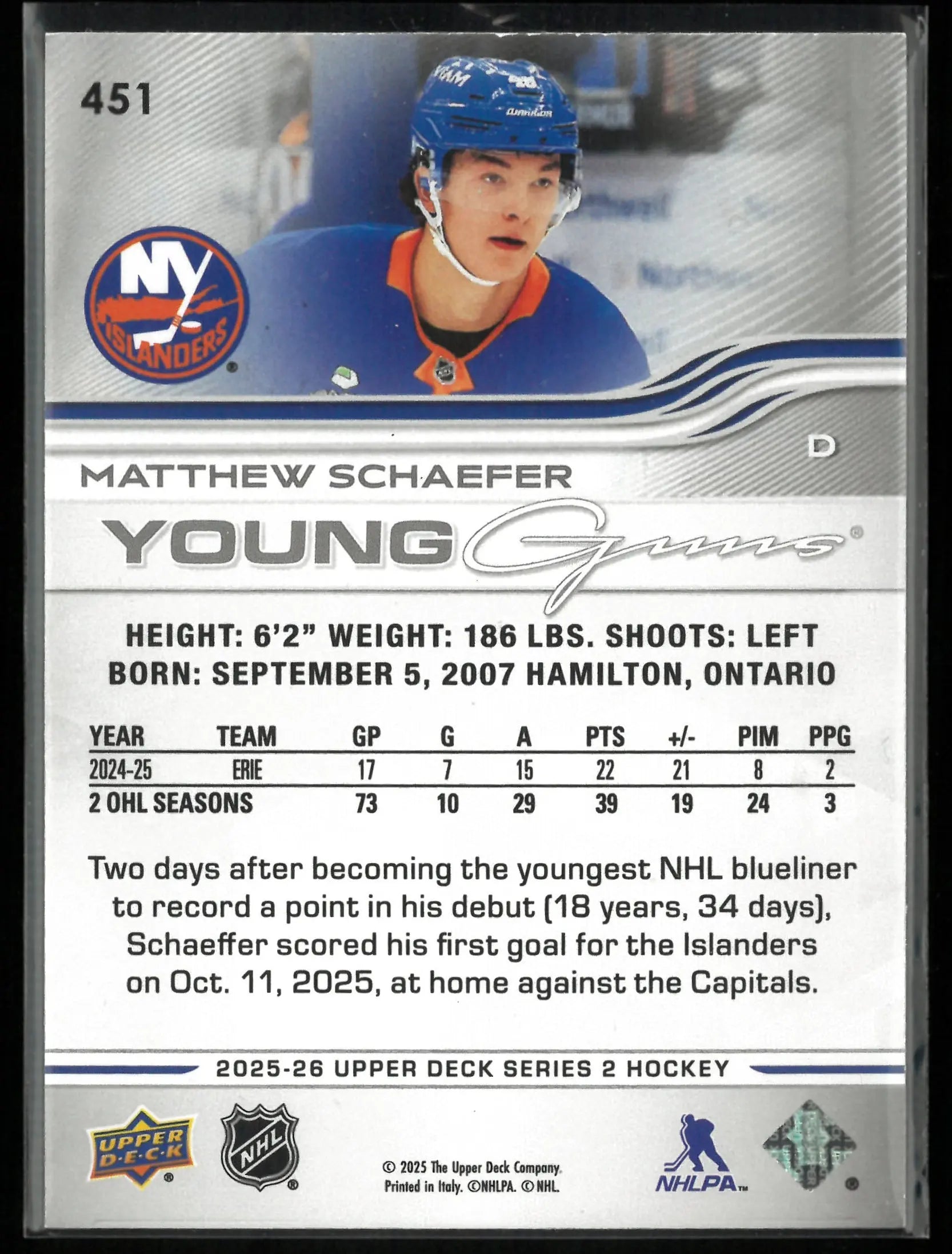 2025-26 Upper Deck Series 2 Young Guns Rookie Matthew Schaefer RC 