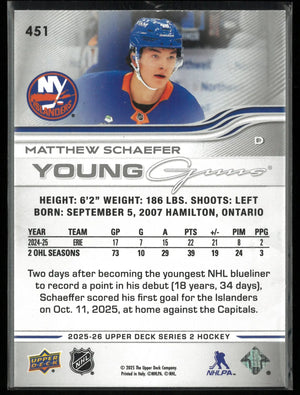 2025-26 Upper Deck Series 2 Young Guns Rookie Matthew Schaefer RC 