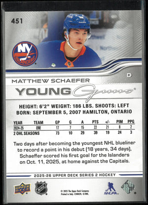 2025-26 Upper Deck Series 2 Young Guns Rookie Matthew Schaefer RC 