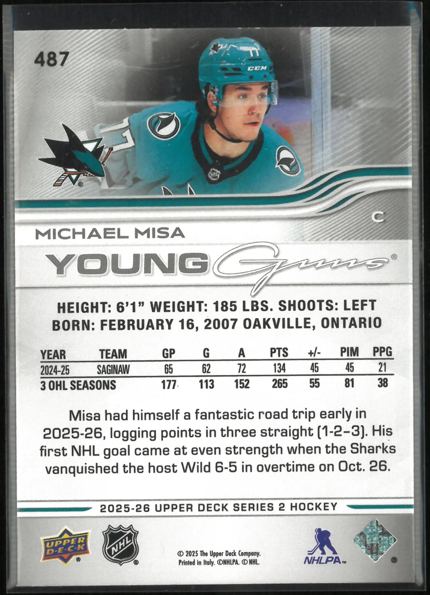 2025-26 Upper Deck Series 2 Young Guns Rookie Michael Misa RC 