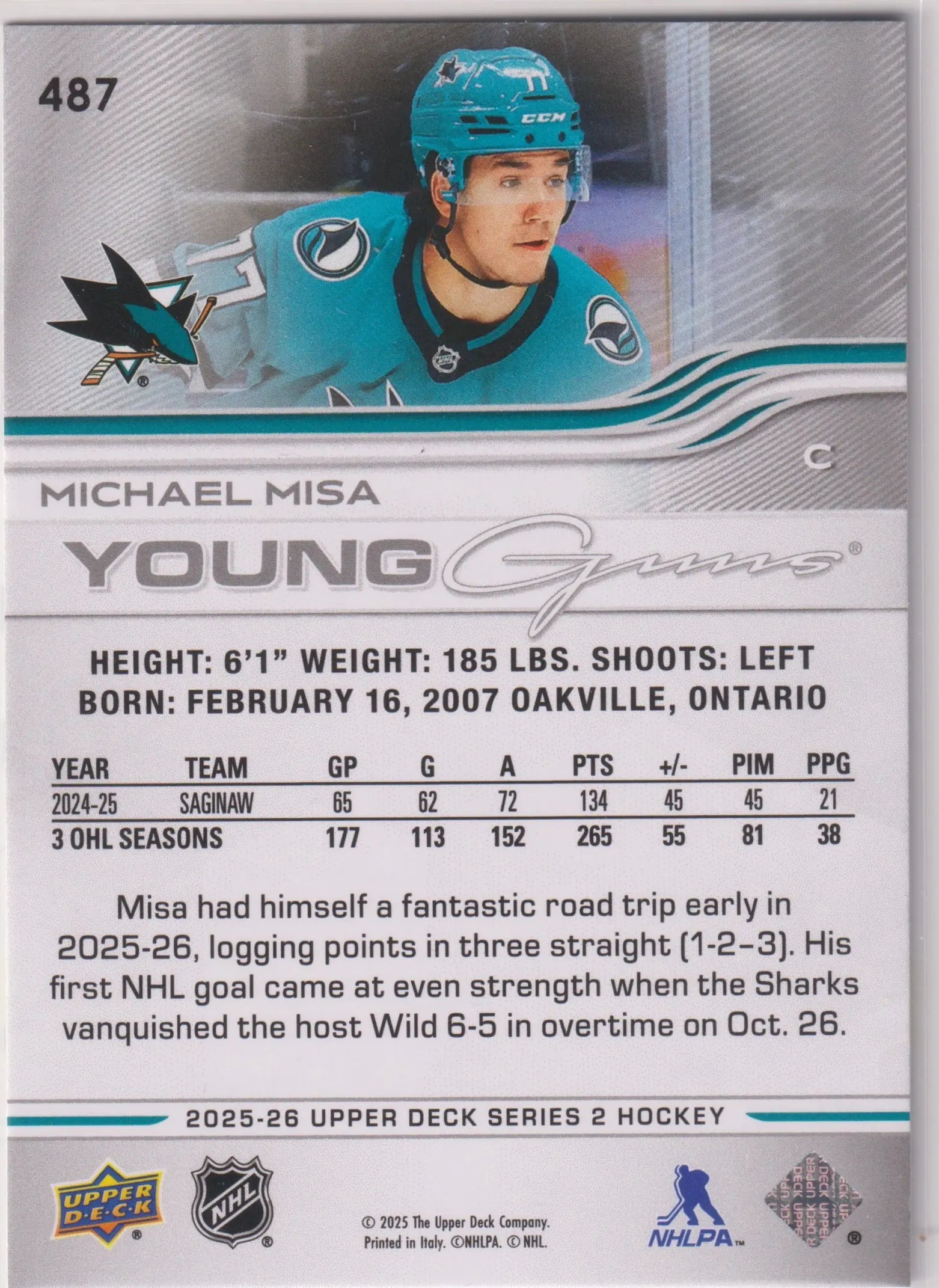 2025-26 Upper Deck Series 2 Young Guns Rookie Michael Misa RC 