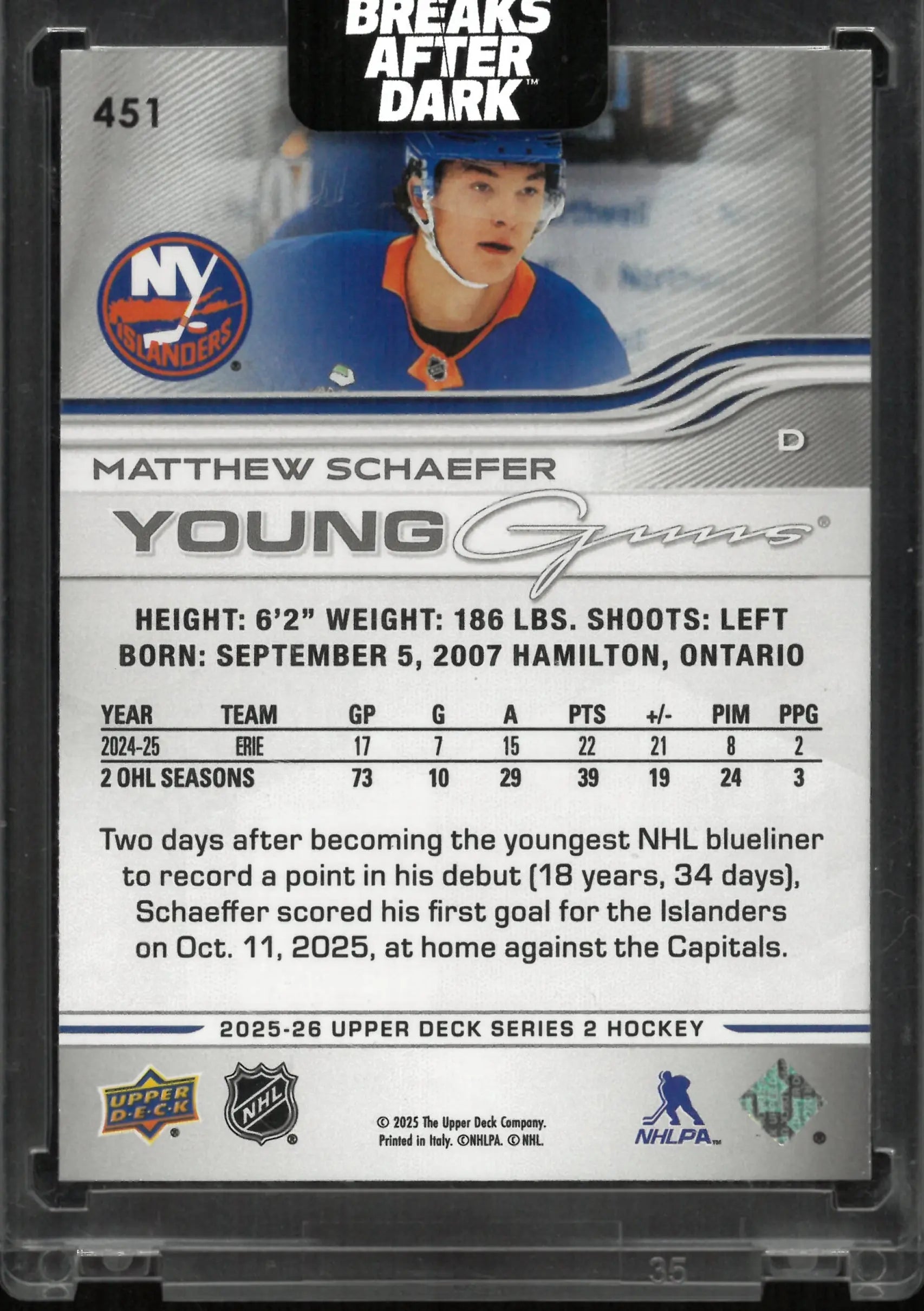 2025-26 Upper Deck Series 2 Young Guns Rookie RC Matthew Schaefer 