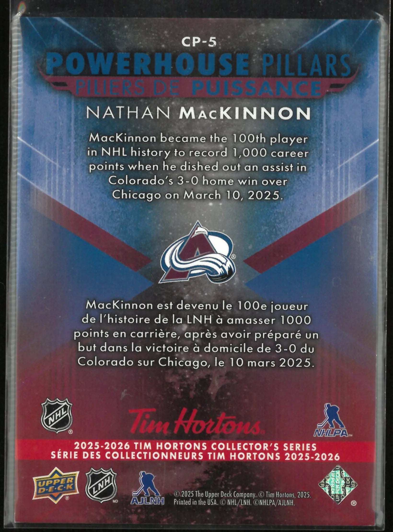 2025-26 Upper Deck Tim Hortons Series Powerhouse Pillars Nathan MacKinnon 
