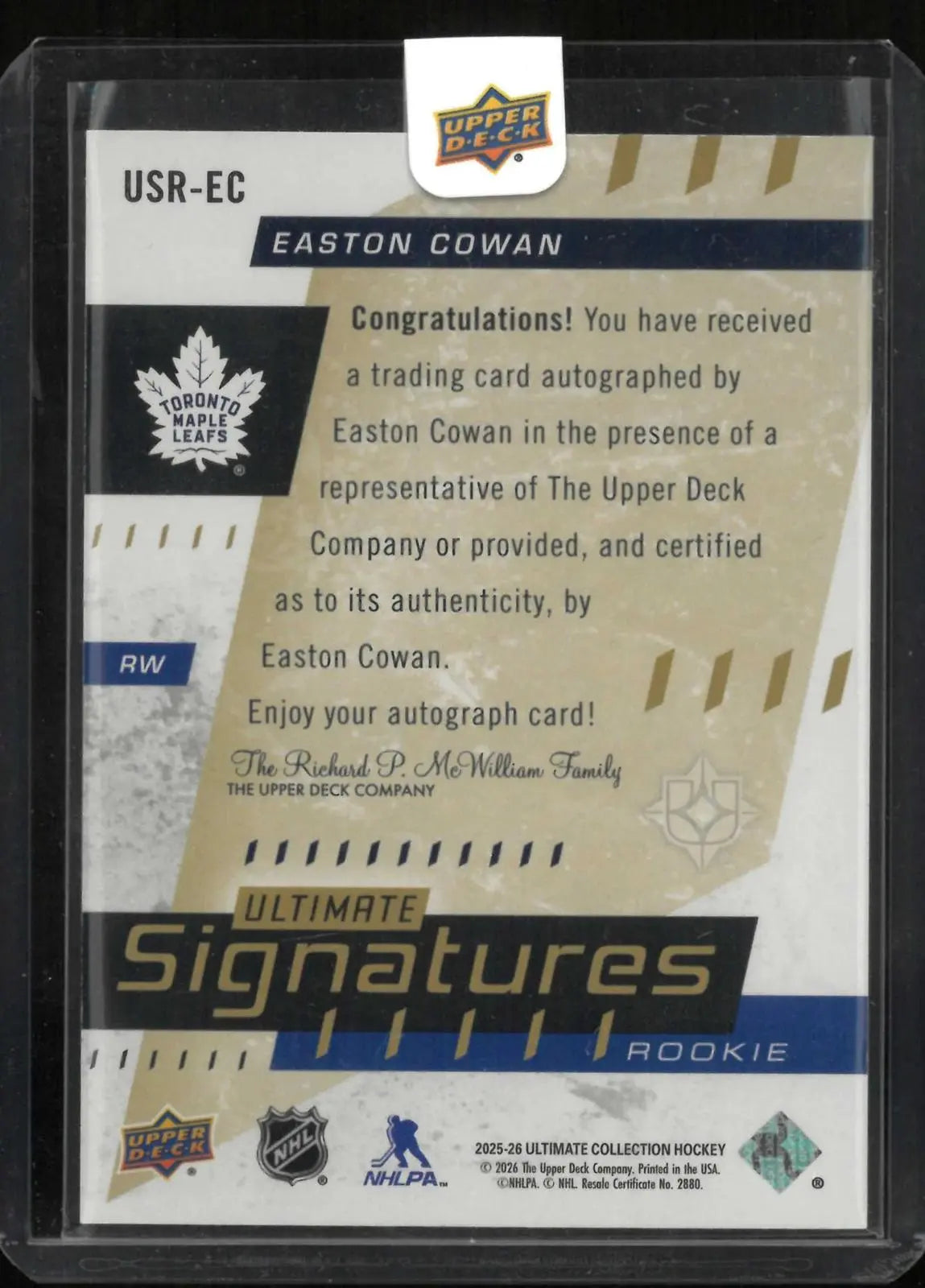 2025-26 Upper Deck UC Ultimate Signatures Rookie Autograph Easton Cowan Auto RC 