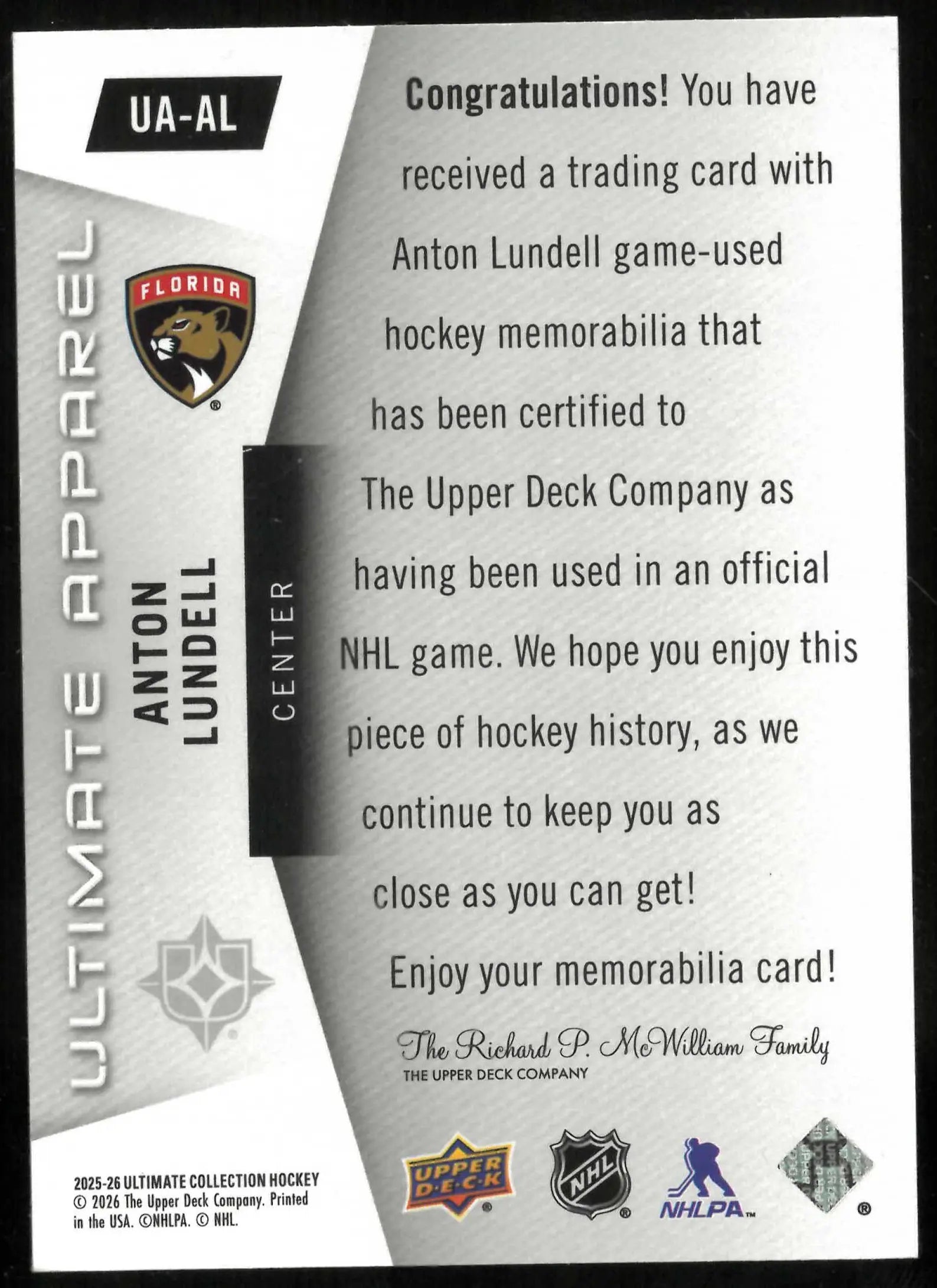 2025-26 Upper Deck Ultimate Collection Anton Lundell Ultimate Apparel #/35 