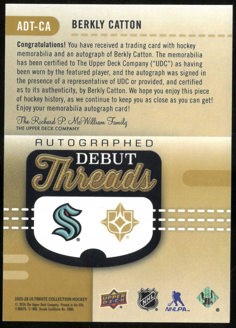 2025-26 Upper Deck Ultimate Collection Berkly Catton Rookie Debut Threads #/199 