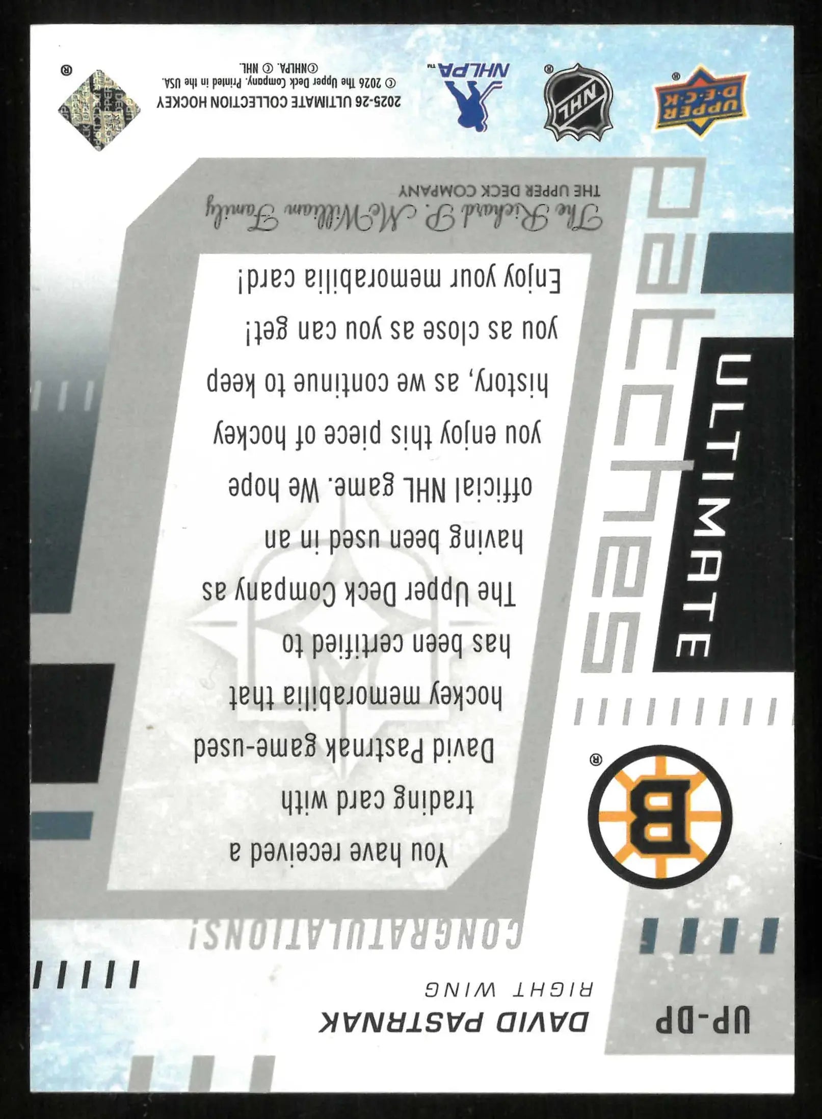 2025-26 Upper Deck Ultimate Collection David Pastrnak Ultimate Patches #/10 
