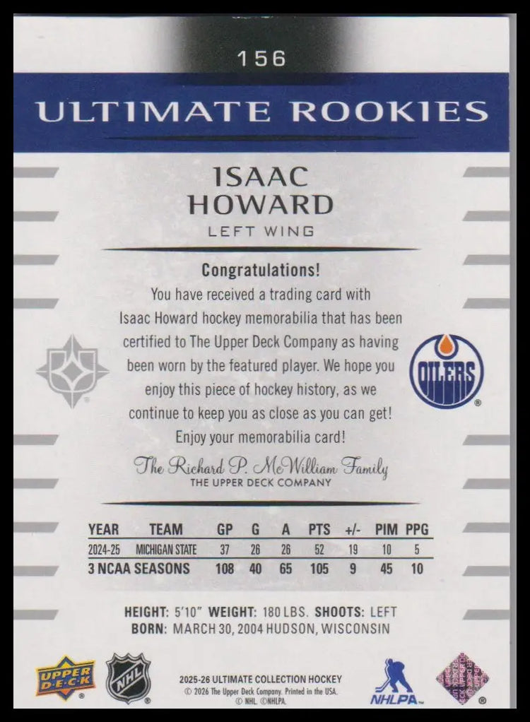 2025-26 Upper Deck Ultimate Collection Isaac Howard Ultimate Rookies Patch #/50 