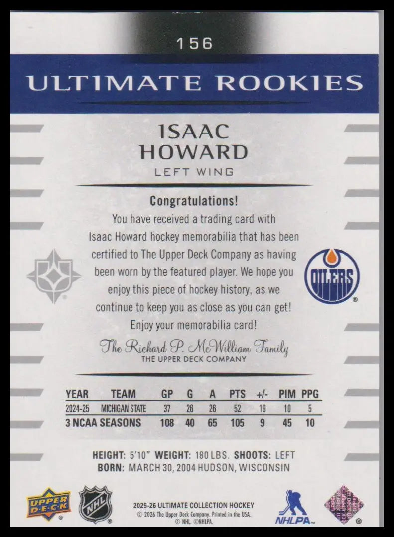 2025-26 Upper Deck Ultimate Collection Isaac Howard Ultimate Rookies Patch #/50 