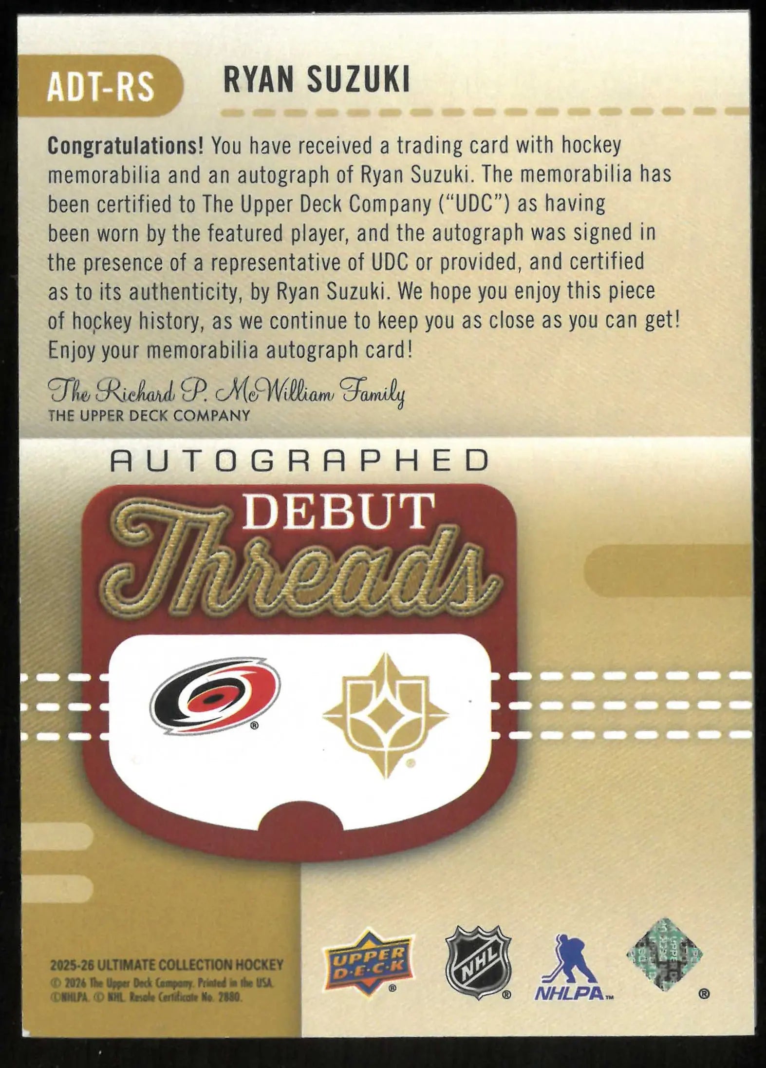 2025-26 Upper Deck Ultimate Collection Ryan Suzuki Rookie Debut Threads #/199 