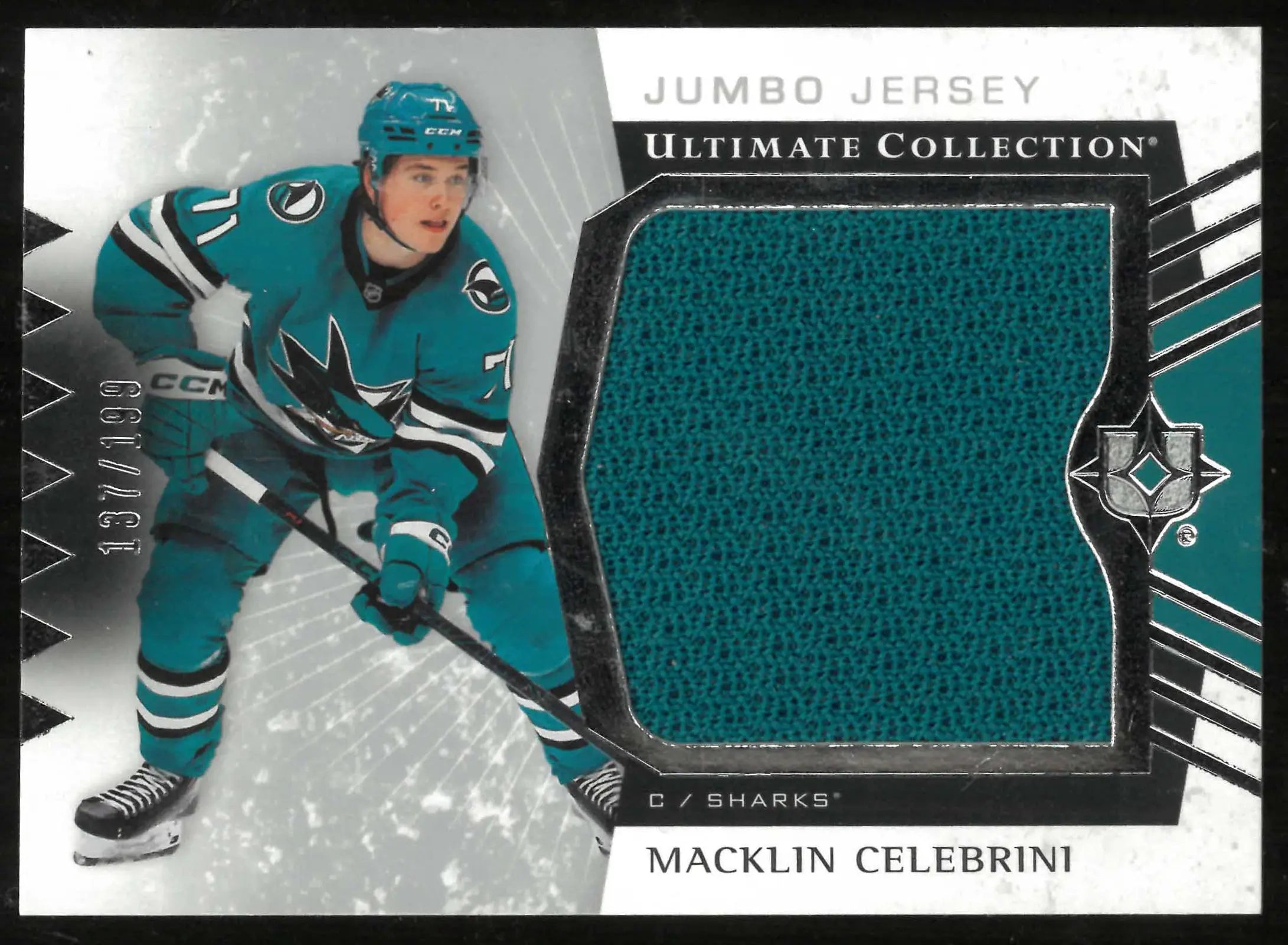2025-26 Upper Deck Ultimate Collection #22 Macklin Celebrini Jersey Jumbo #/199 