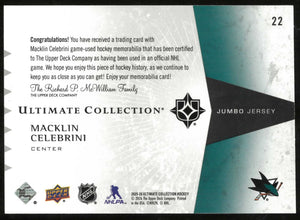 2025-26 Upper Deck Ultimate Collection #22 Macklin Celebrini Jersey Jumbo #/199 