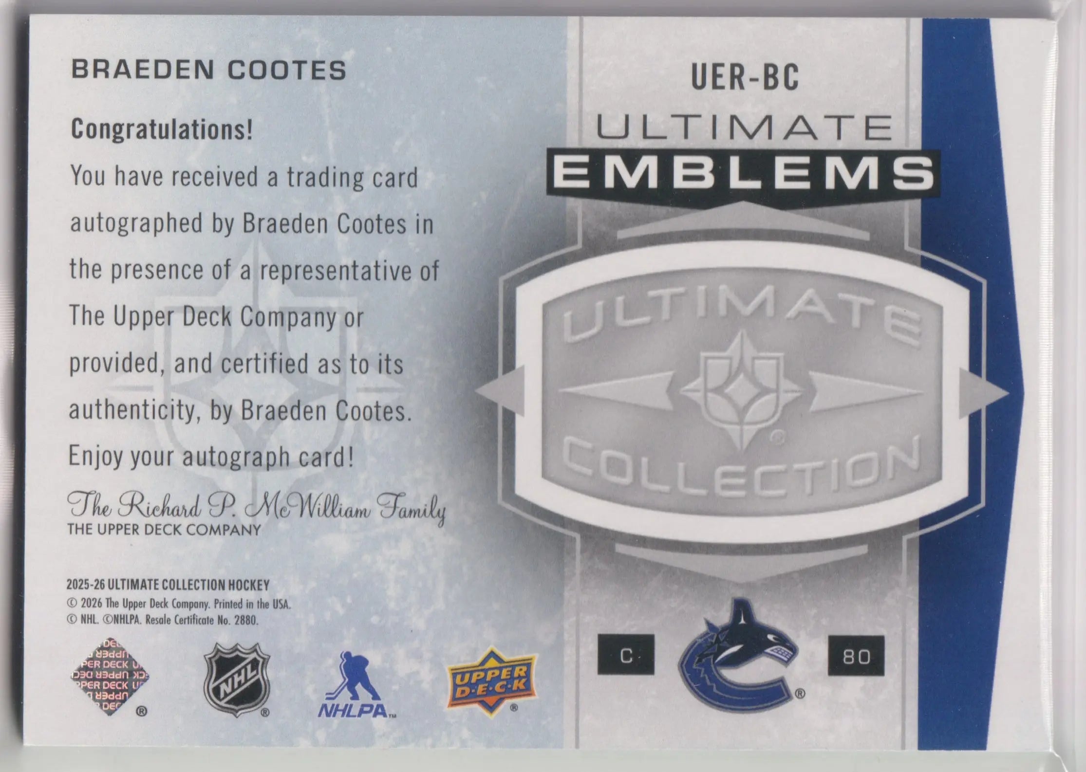2025-26 Upper Deck Ultimate Emblems Autograph Rookie Braeden Cootes Auto 