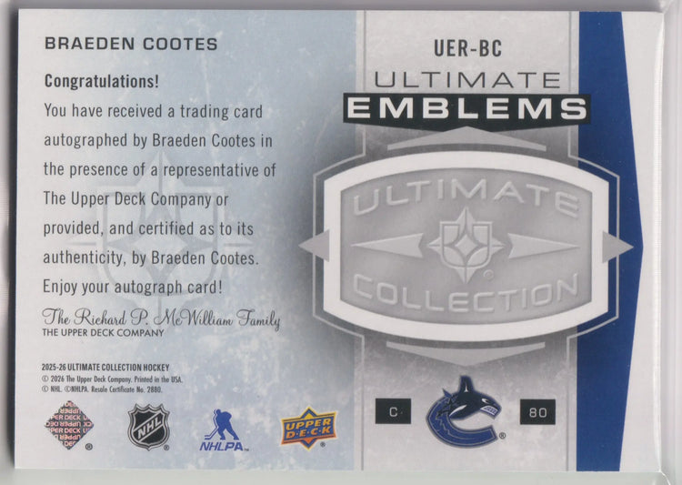 2025-26 Upper Deck Ultimate Emblems Autograph Rookie Braeden Cootes Auto 