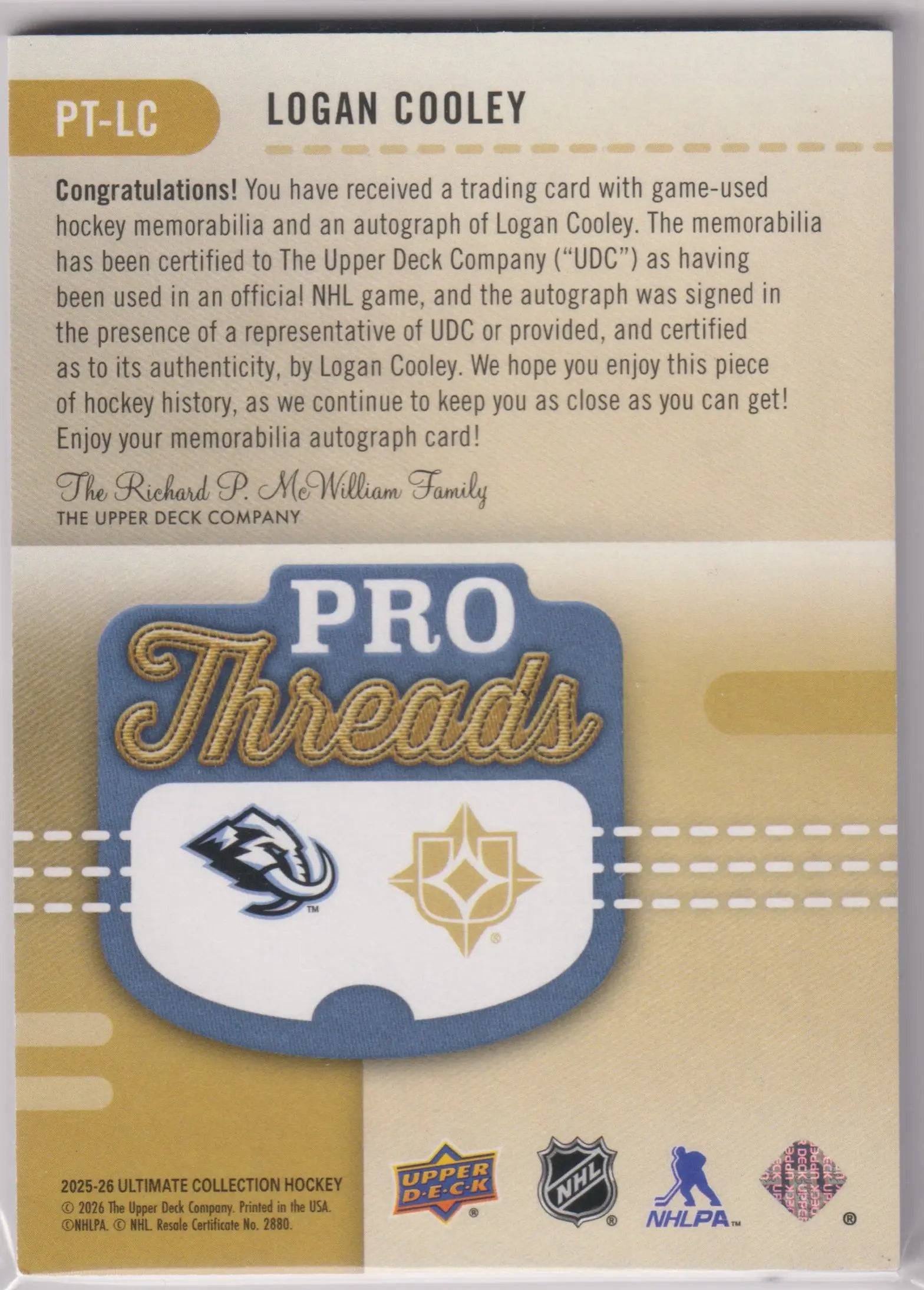 2025-26 Upper Deck Ultimate Pro Threads Patch Autograph Logan Cooley Auto /49 